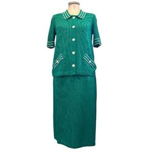 Vintage Mita Green Knit
Cardigan Sweater Skirt Two Piece
Suit Size 6